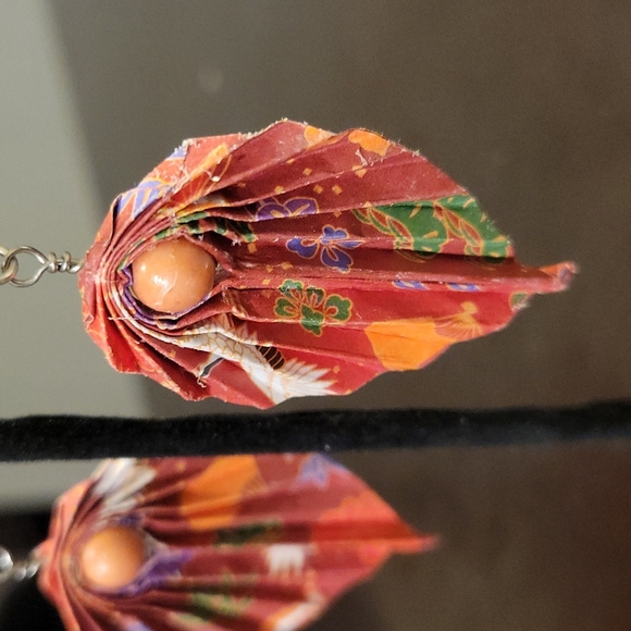 Hand Folded Origami Leaf Earrings Burnt Orange with Matching Bead Sterling - Picture 5 of 8